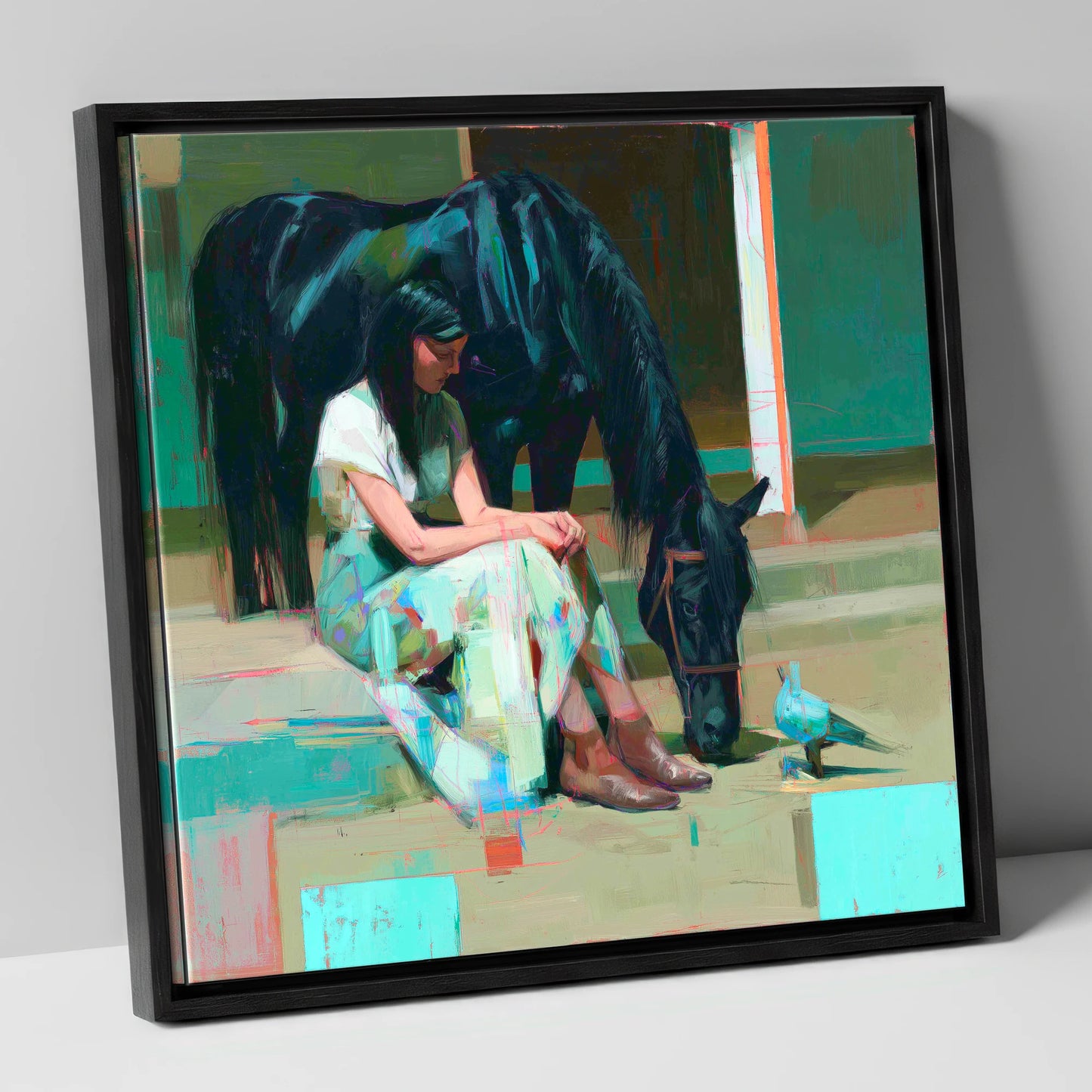 Stillness in the Yard horse & rider canvas wall art in black frame
