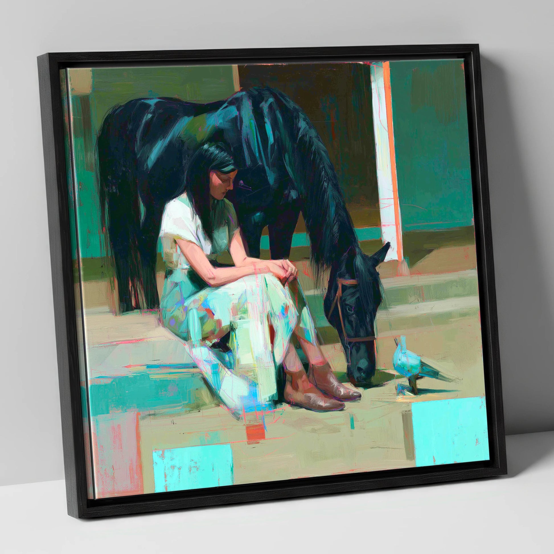Stillness in the Yard horse & rider canvas wall art in black frame