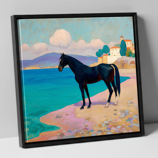 Midnight on the Riviera horse landscape canvas wall art in black frame