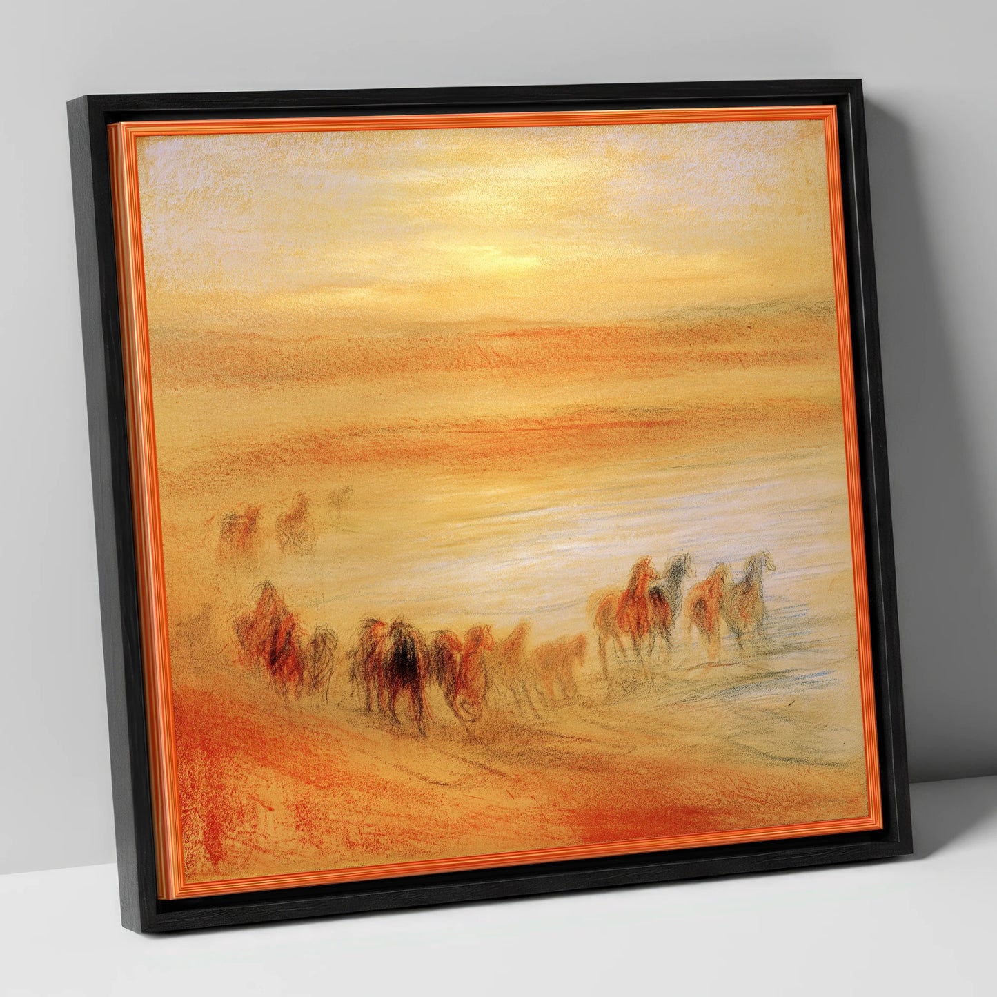 Terracotta Sunrise Herd horse landscape canvas wall art in black frame