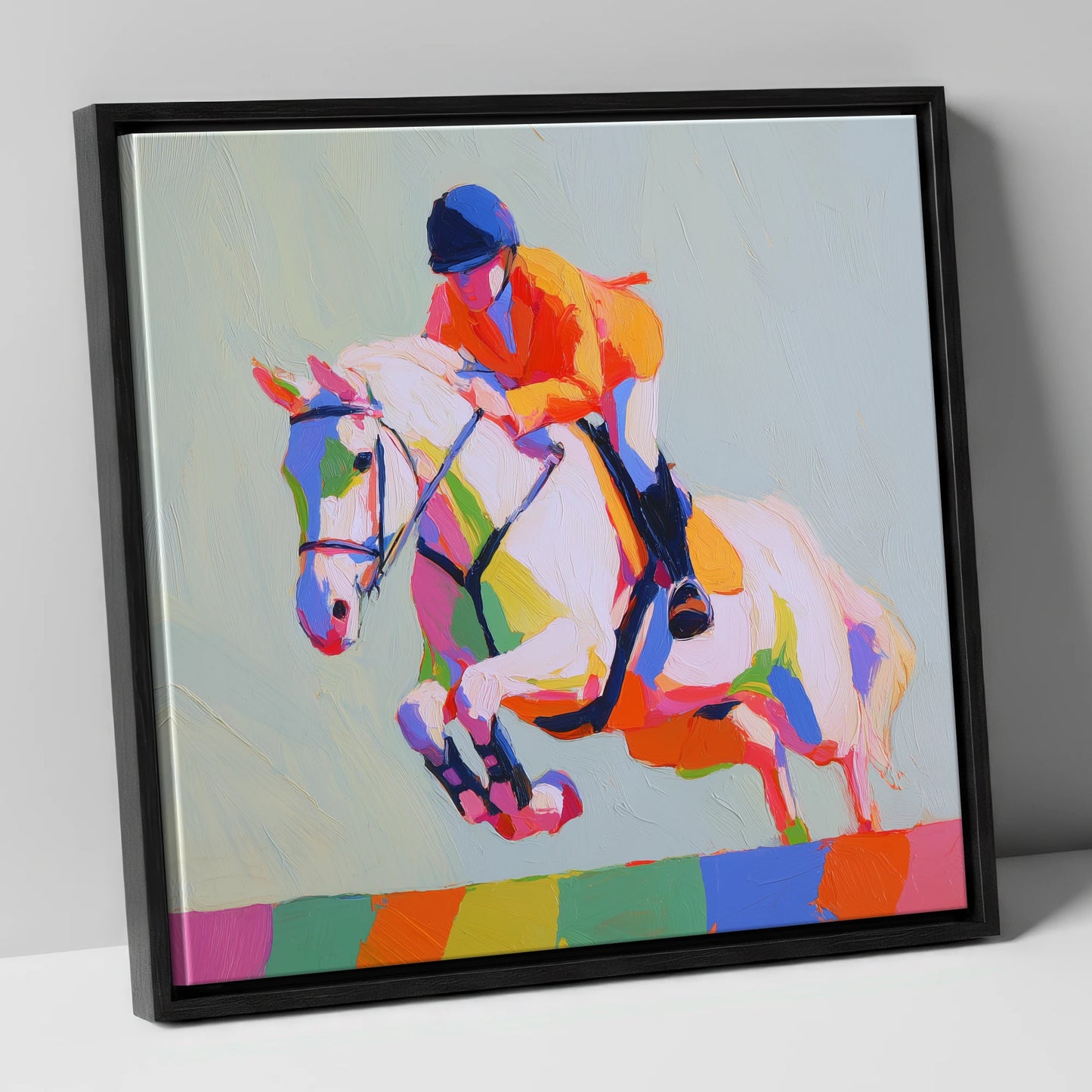 Technicolour Flight show jumping horse canvas wall art in black frame