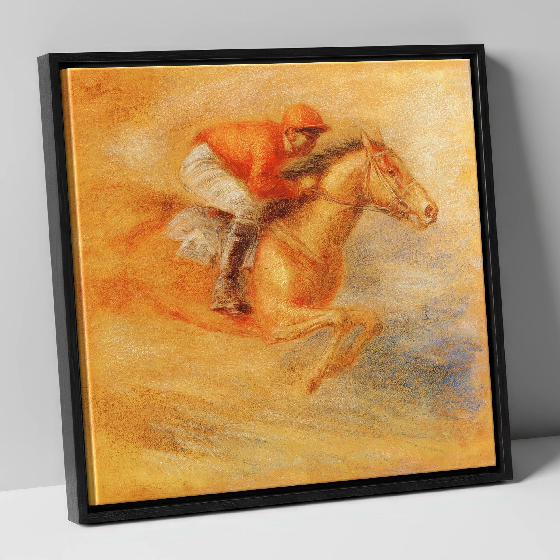 Flight Over Terracotta racing horse canvas wall art in black frame