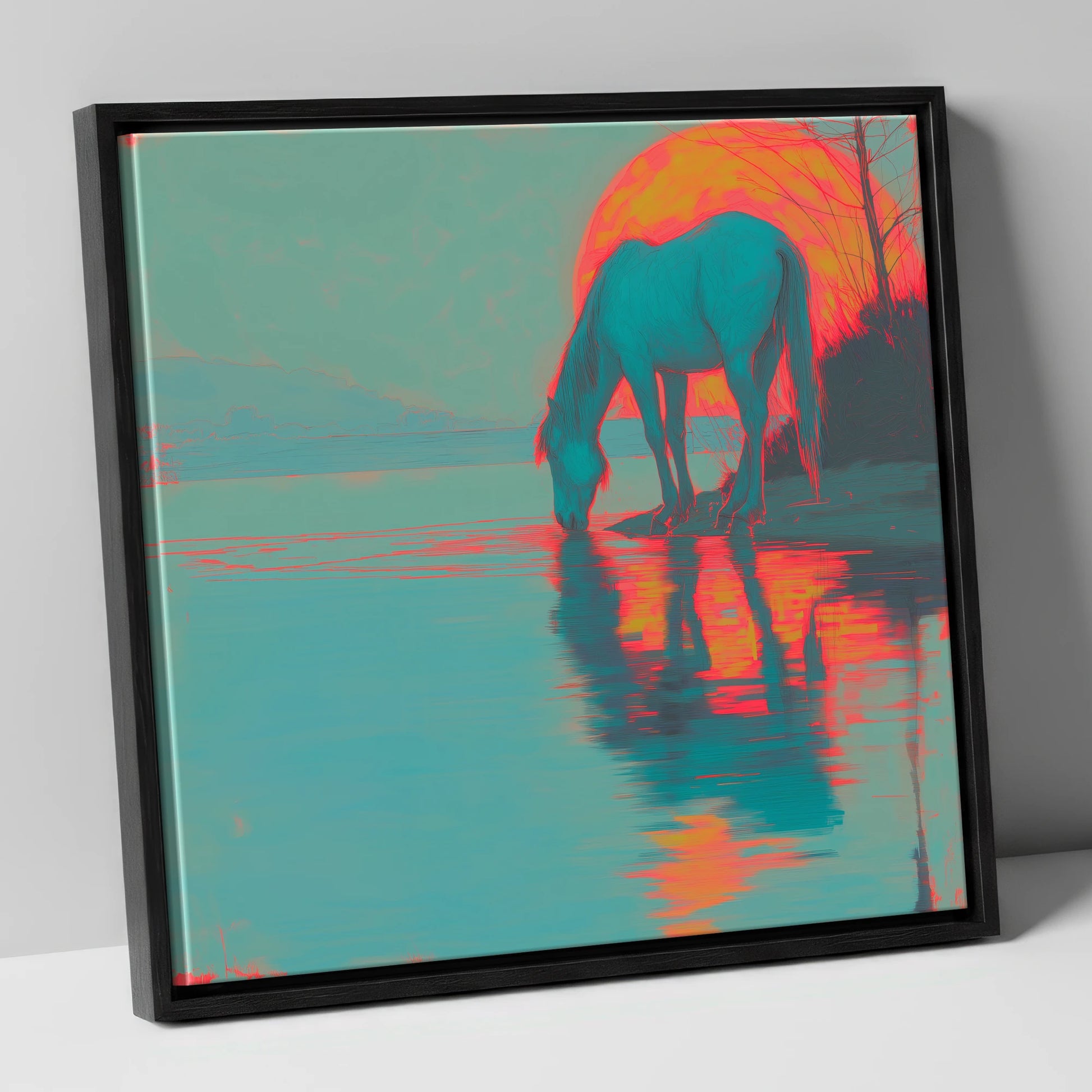 Electric Sunset Reflections horse landscape canvas wall art in black frame