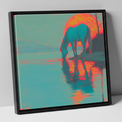 Electric Sunset Reflections horse landscape canvas wall art in black frame