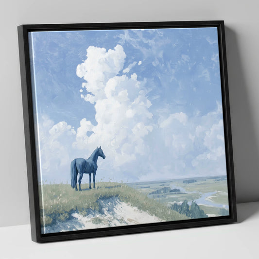 Guardian of the Valley horse landscape canvas wall art in black frame