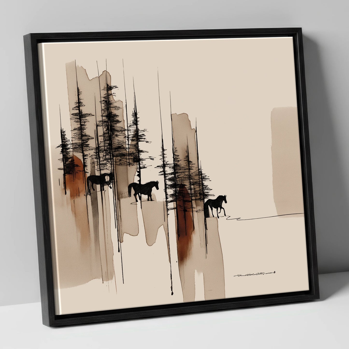 Wandering Through Pines horse landscape canvas wall art in black frame