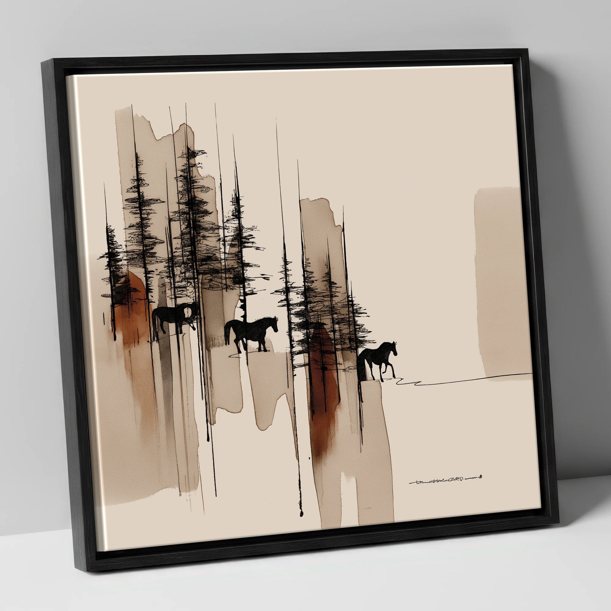 Wandering Through Pines horse landscape canvas wall art in black frame