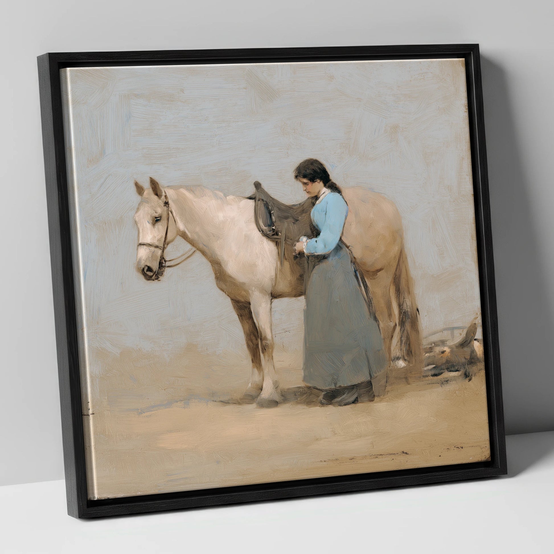 Gentle Preparations horse & rider canvas wall art in black frame