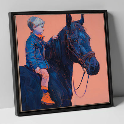 Indigo Beginnings horse & rider canvas wall art in black frame