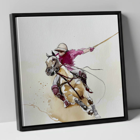 The Decisive Swing polo horse canvas wall art in black frame