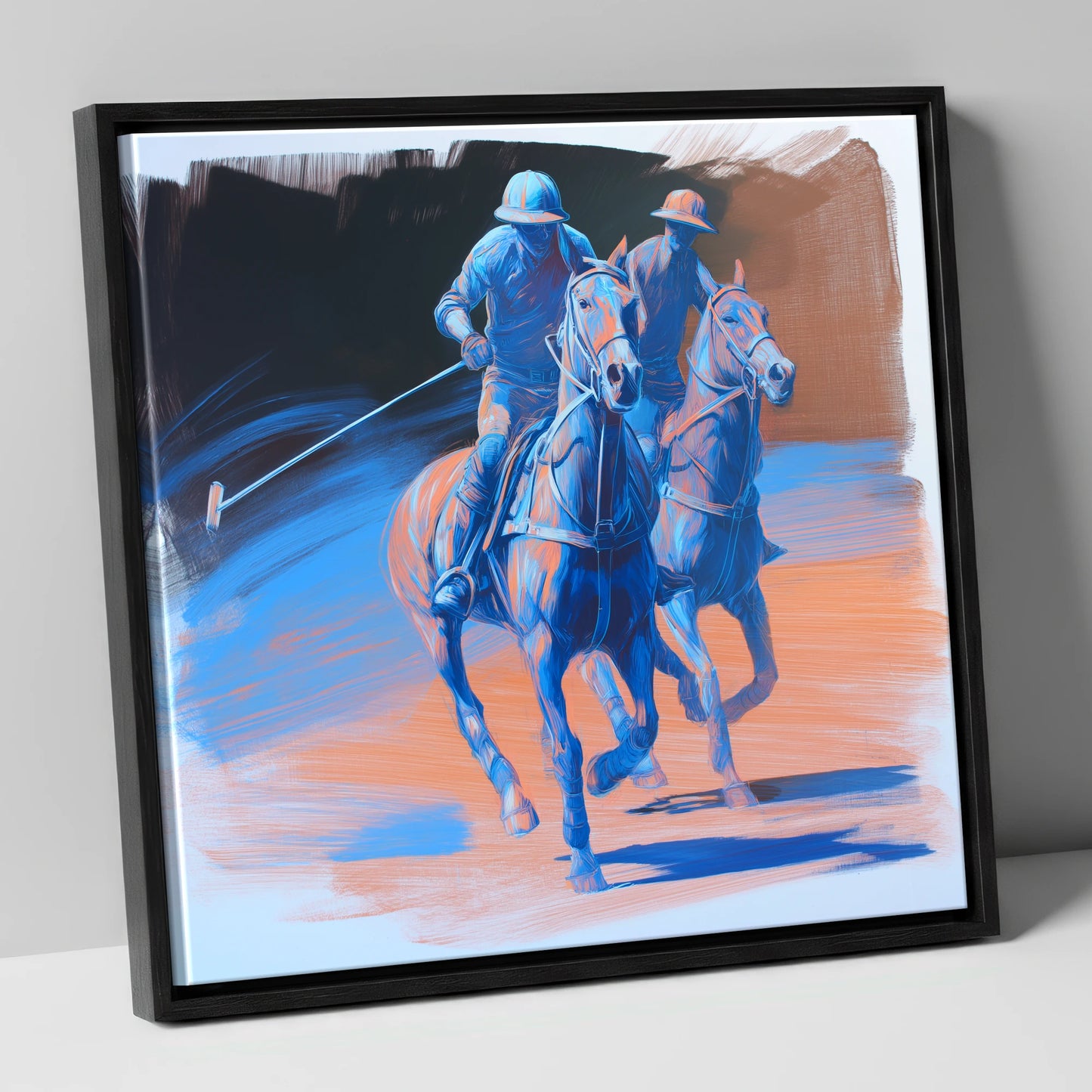 Cobalt Polo Pursuit polo horse canvas wall art in black frame