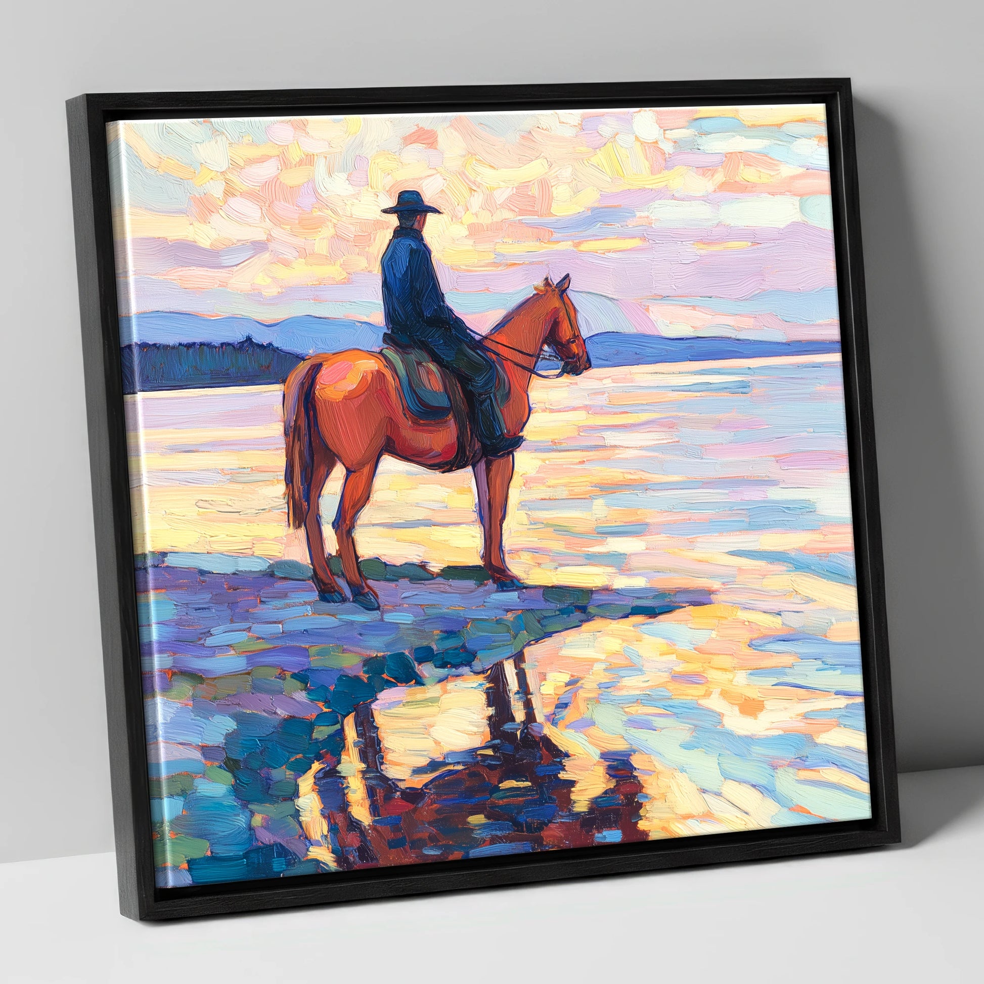 Solitary Sunset Ride beach horse canvas wall art in black frame