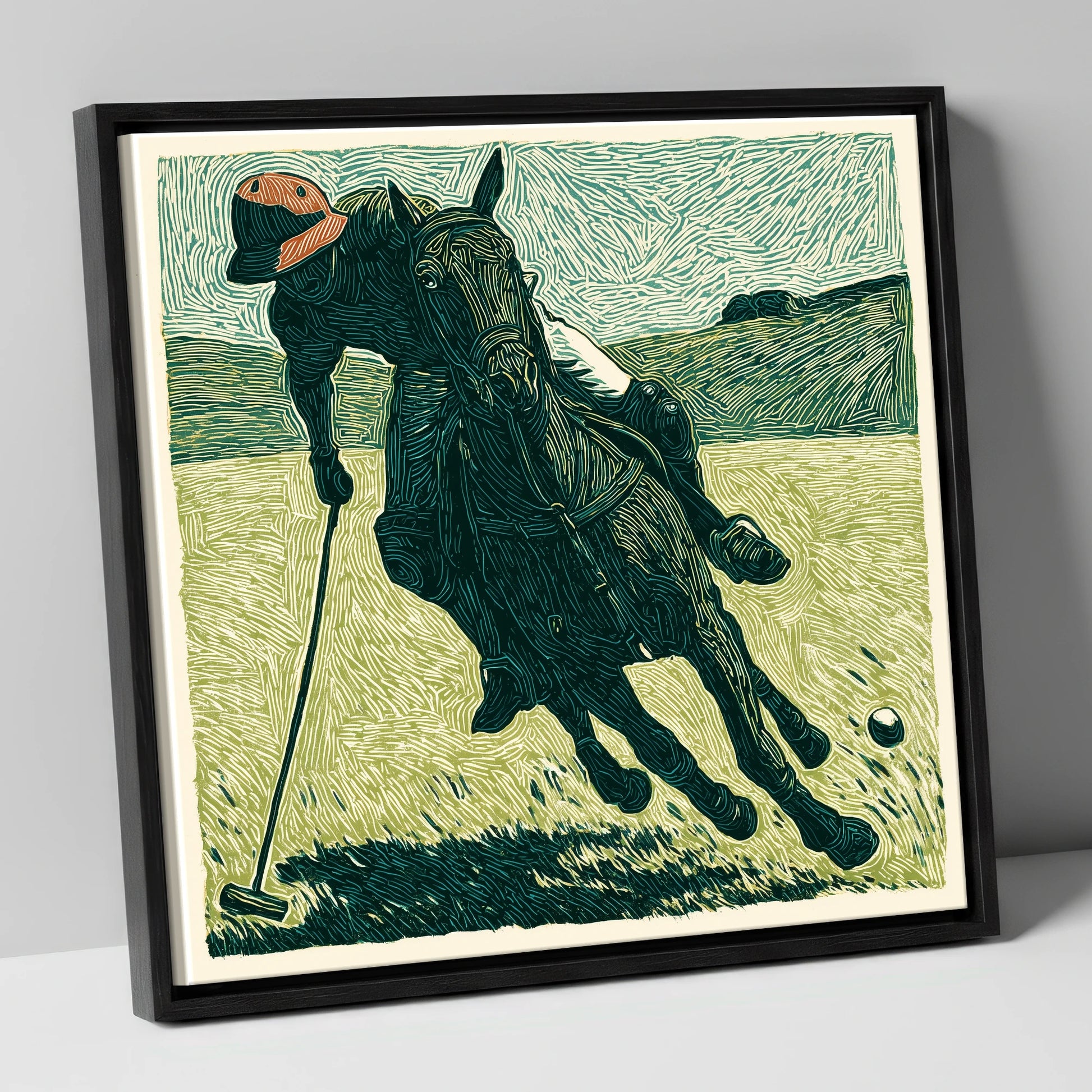 Dynamic Polo Strike polo horse canvas wall art in black frame