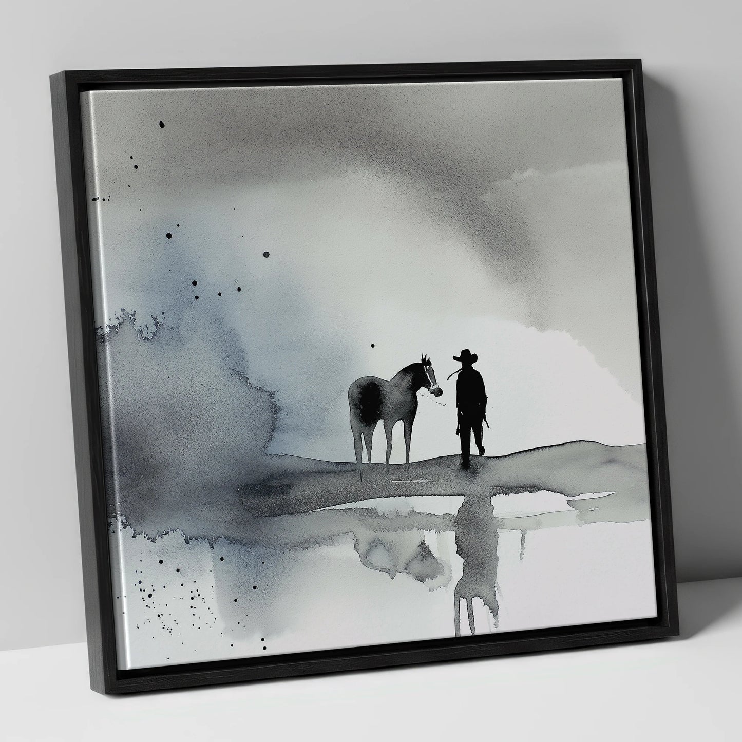 Silent Western Horizon western horse canvas wall art in black frame