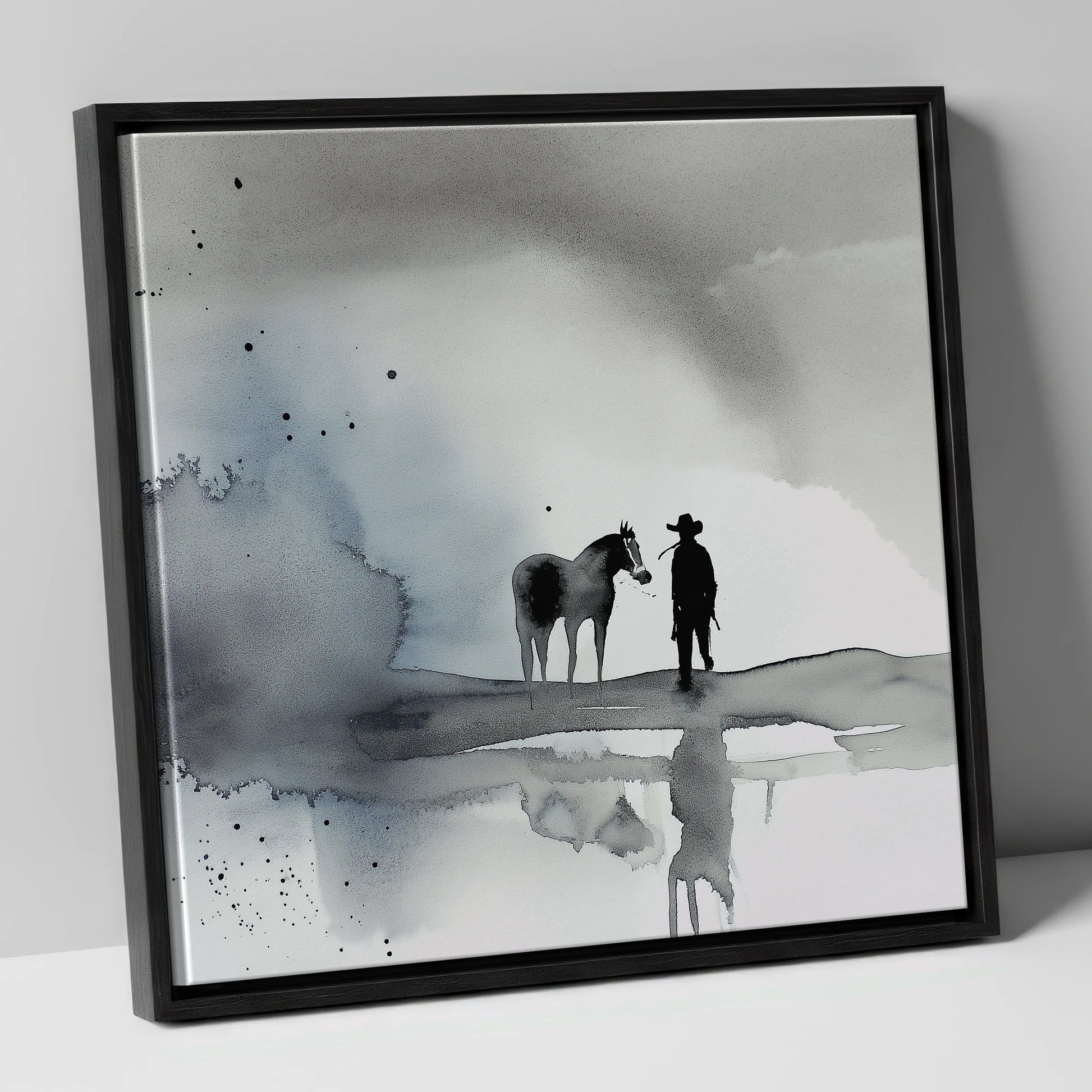 Silent Western Horizon western horse canvas wall art in black frame
