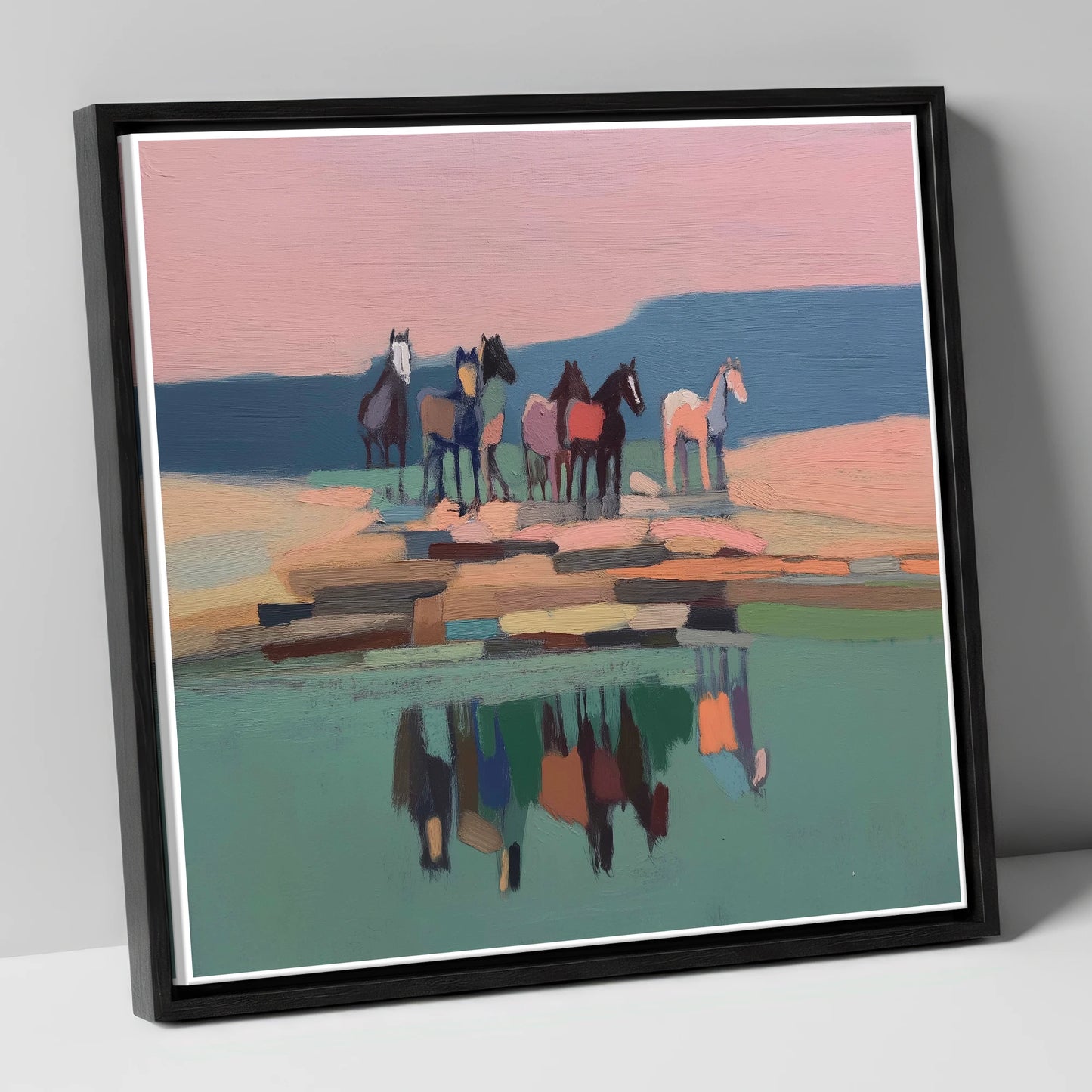 Stillness by the Water wild horses canvas wall art in black frame