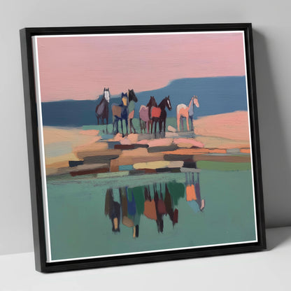 Stillness by the Water wild horses canvas wall art in black frame
