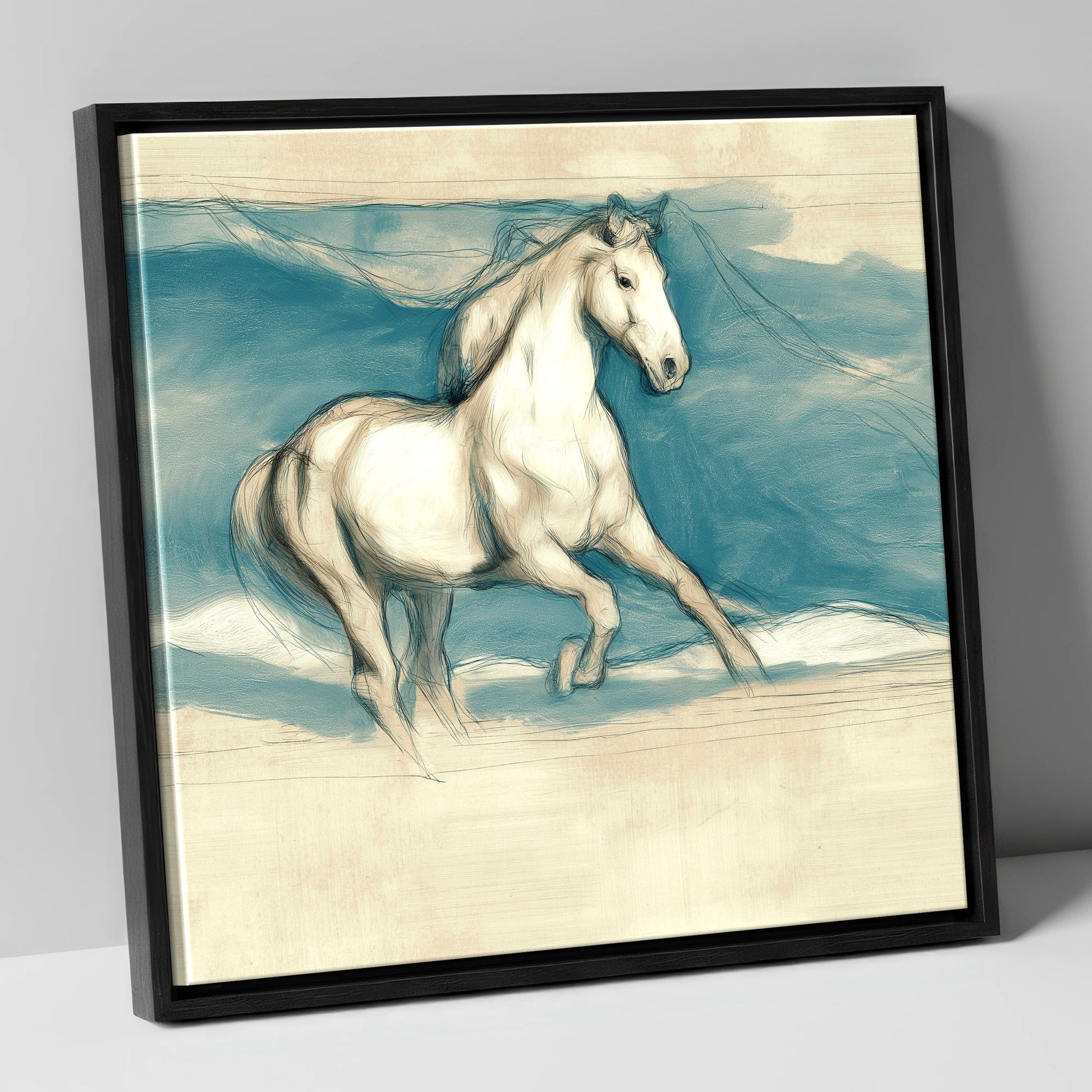 Ethereal Grey Canter horse portrait canvas wall art in black frame