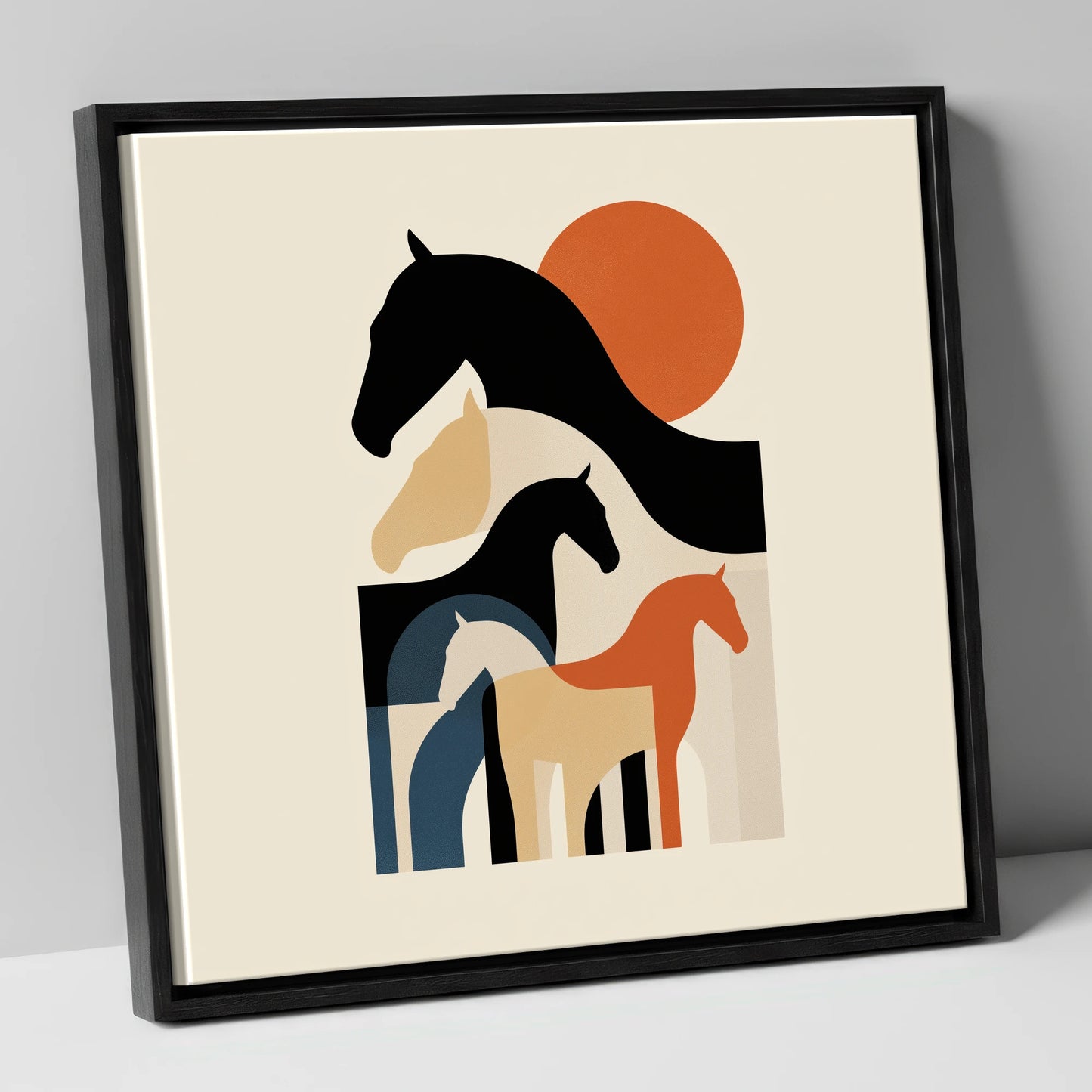 Retro Equine Silhouettes wild horses canvas wall art in black frame