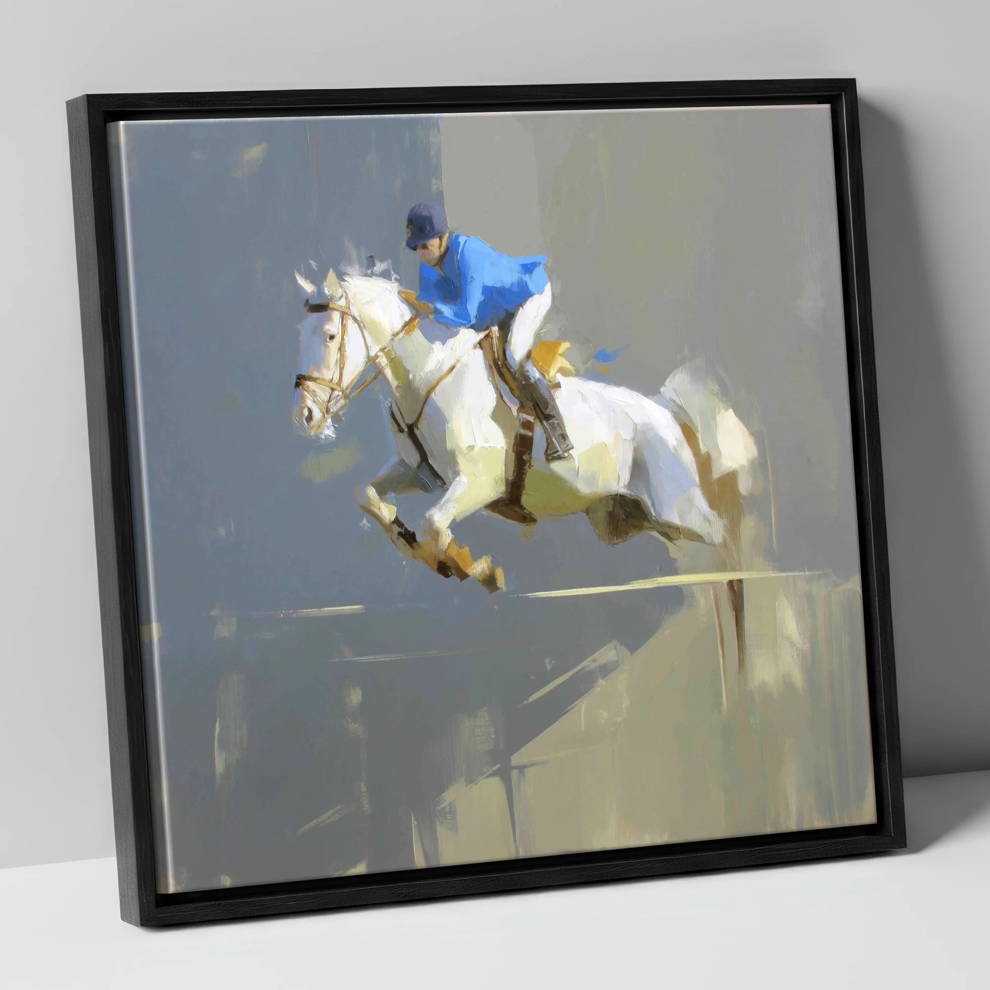 Suspension in Slate show jumping horse canvas wall art in black frame