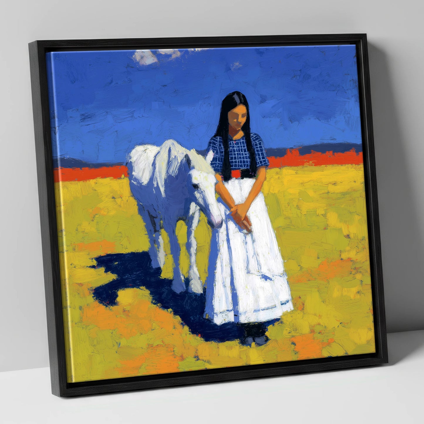 Sunlit Companion horse & rider canvas wall art in black frame