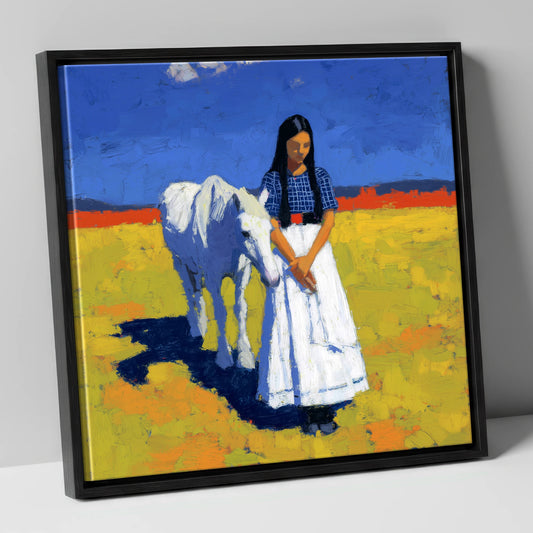 Sunlit Companion horse & rider canvas wall art in black frame
