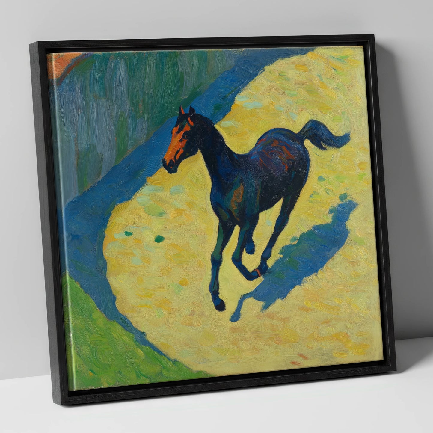 Cobalt Shadow Gallop racing horse canvas wall art in black frame