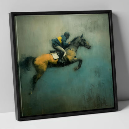 Suspended Momentum show jumping horse canvas wall art in black frame