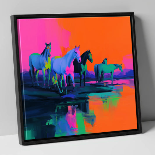 Electric Sunset Herd wild horses canvas wall art in black frame
