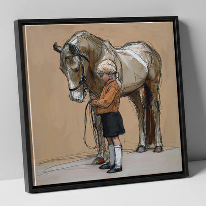 Gentle Companionship horse & rider canvas wall art in black frame