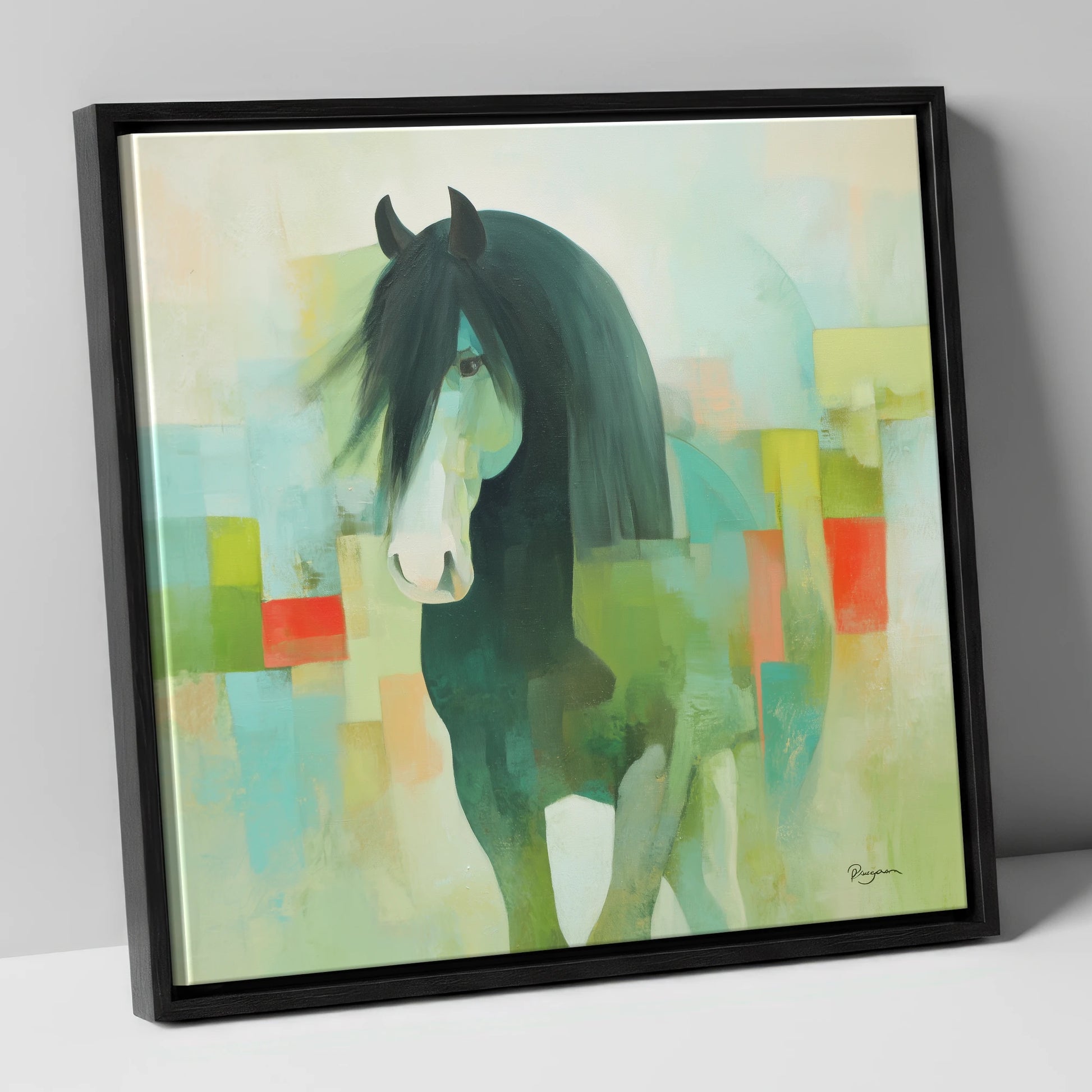 Geometric Equine Harmony horse breed canvas wall art in black frame