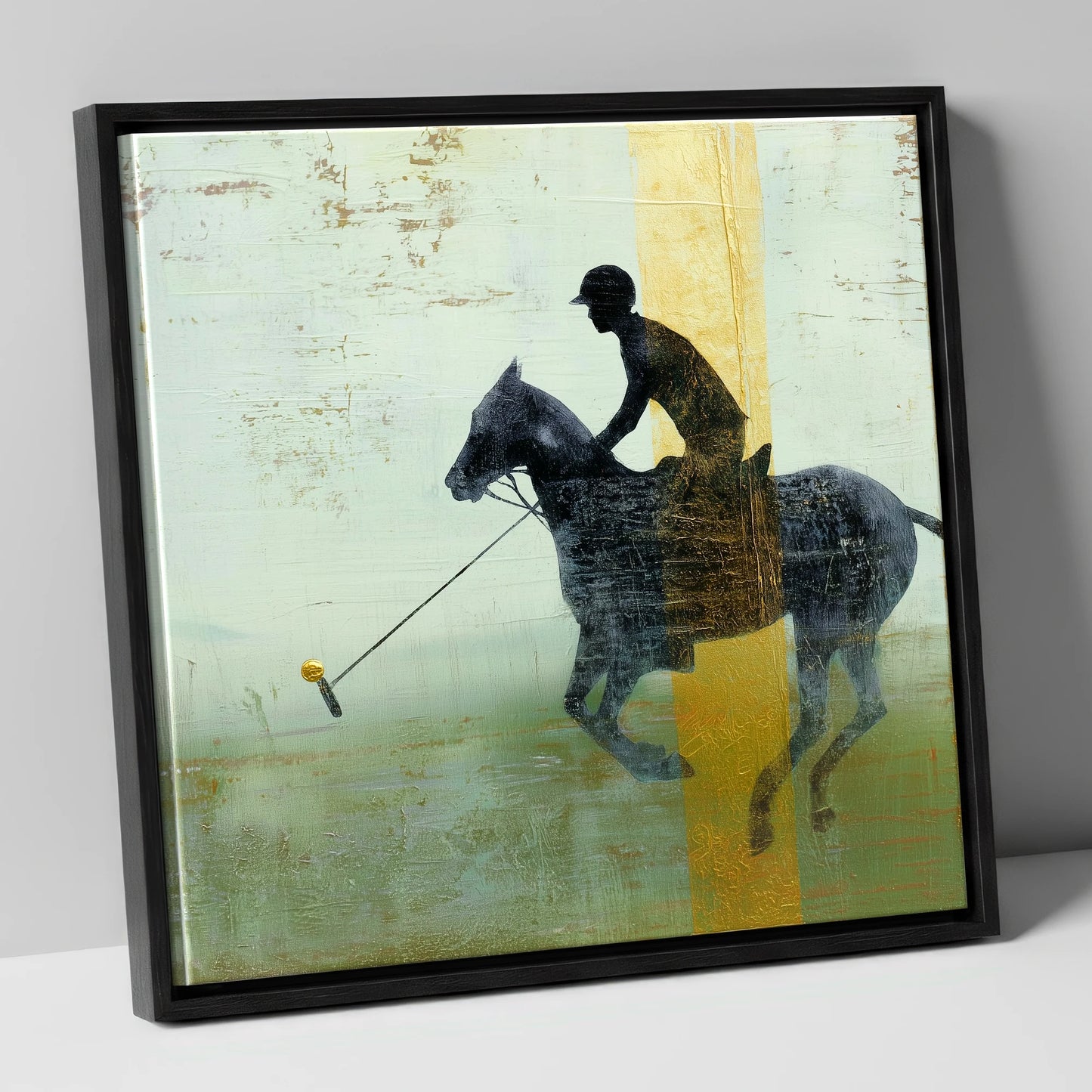 Gilded Chukka polo horse canvas wall art in black frame