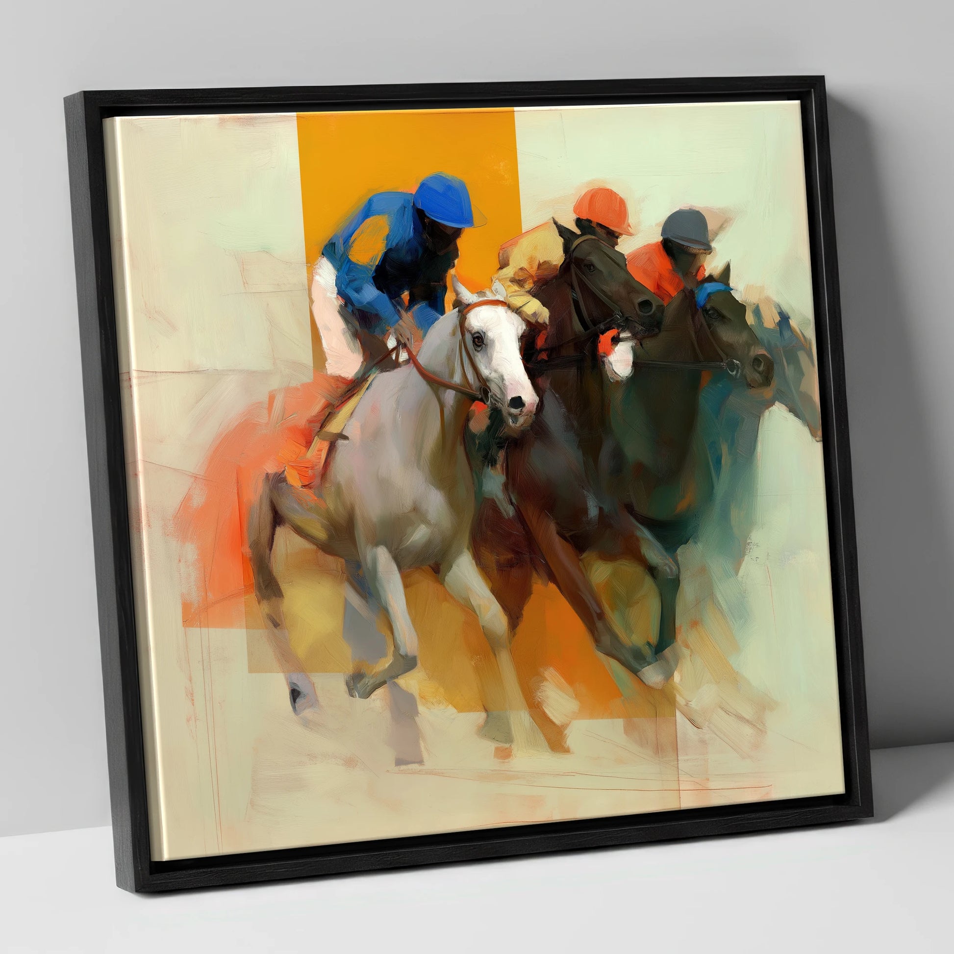 Surge to the Line racing horse canvas wall art in black frame