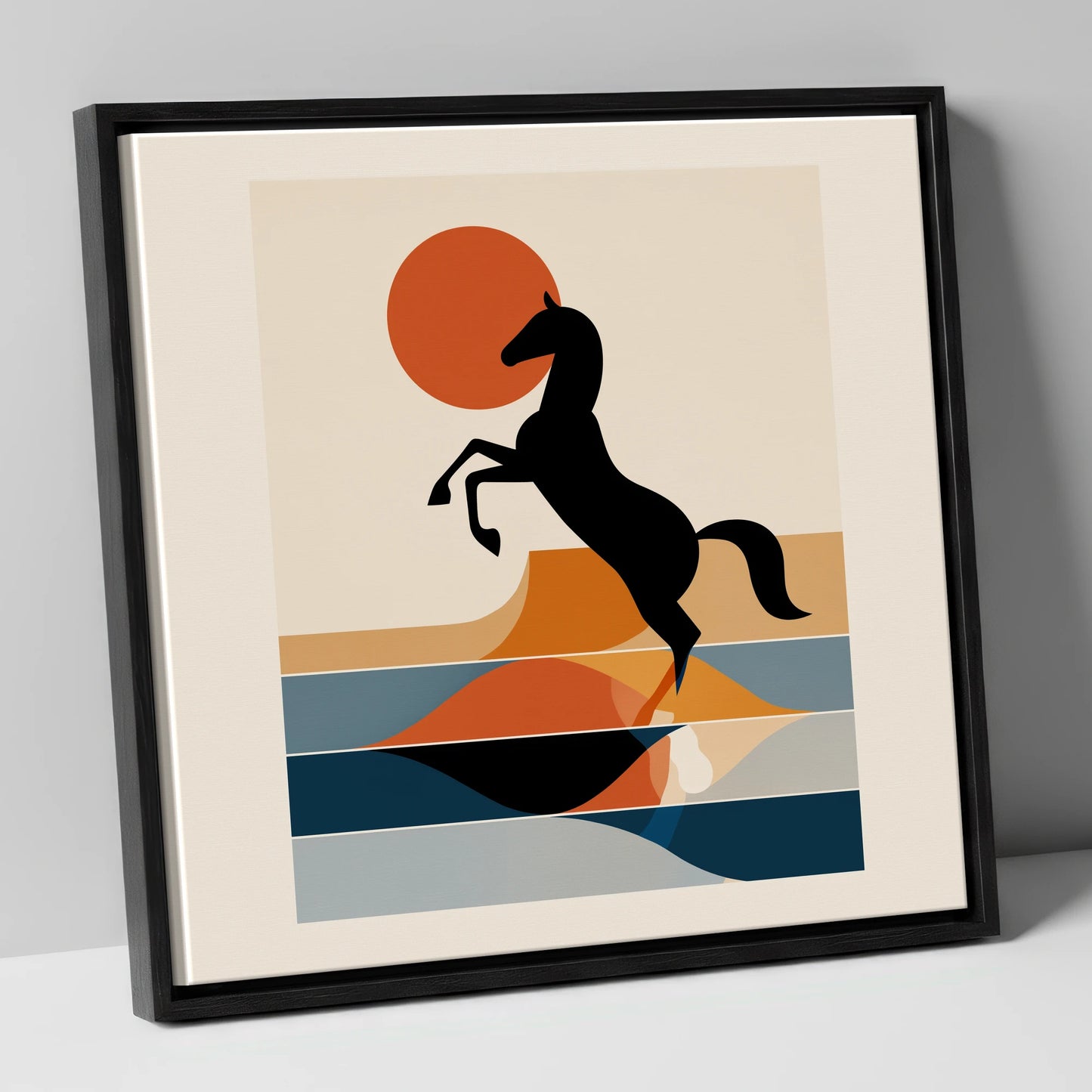 Terracotta Sun Silhouette wild horses canvas wall art in black frame
