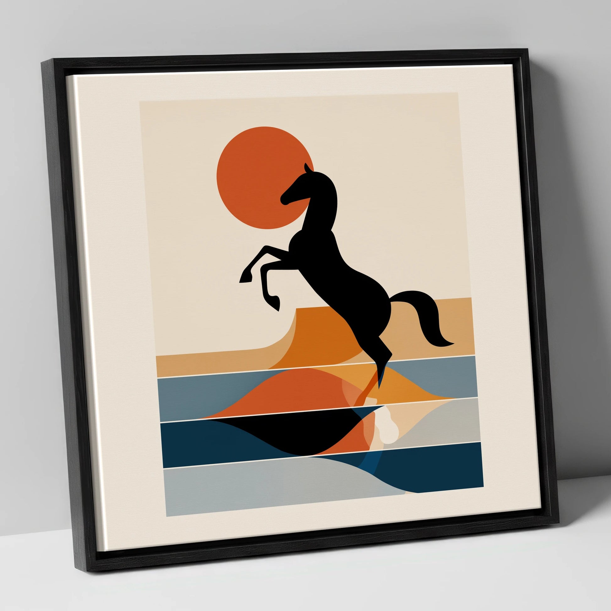Terracotta Sun Silhouette wild horses canvas wall art in black frame