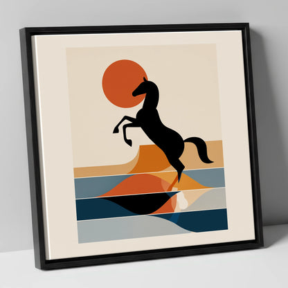 Terracotta Sun Silhouette wild horses canvas wall art in black frame