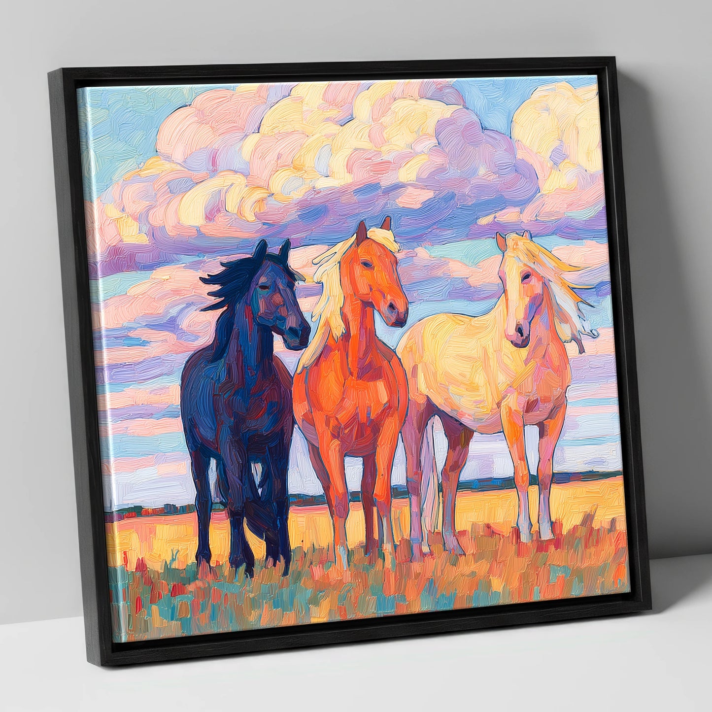Three Under Painted Skies horse landscape canvas wall art in black frame