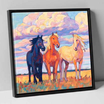 Three Under Painted Skies horse landscape canvas wall art in black frame