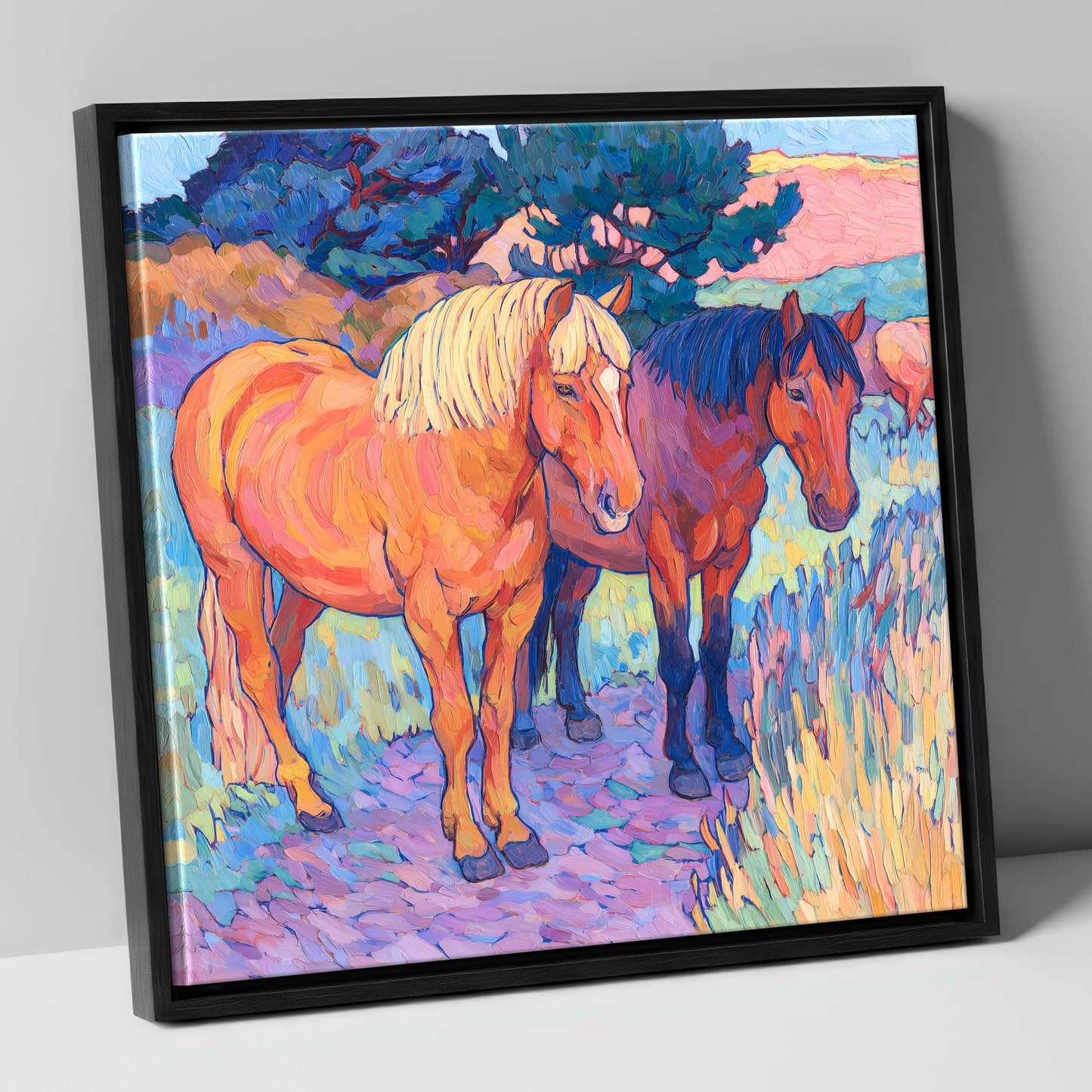 Sunset Pasture Companions horse landscape canvas wall art in black frame