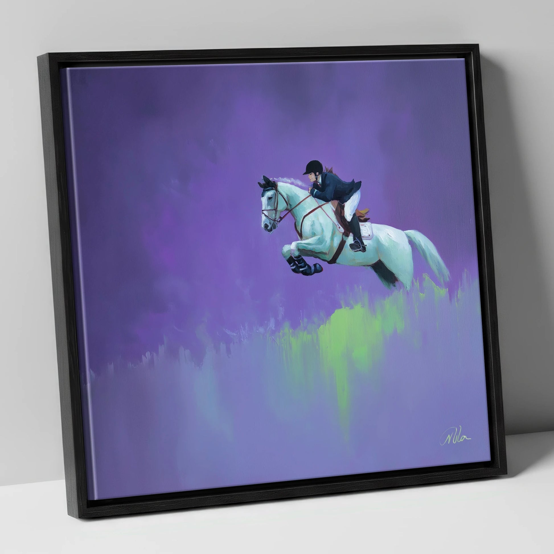 Violet Suspension show jumping horse canvas wall art in black frame