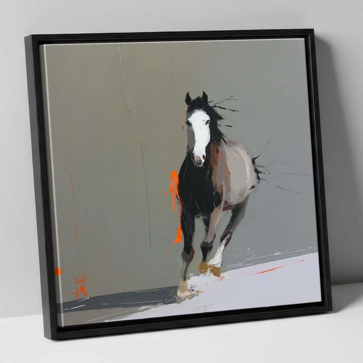 Striking Forward Impulse horse portrait canvas wall art in black frame