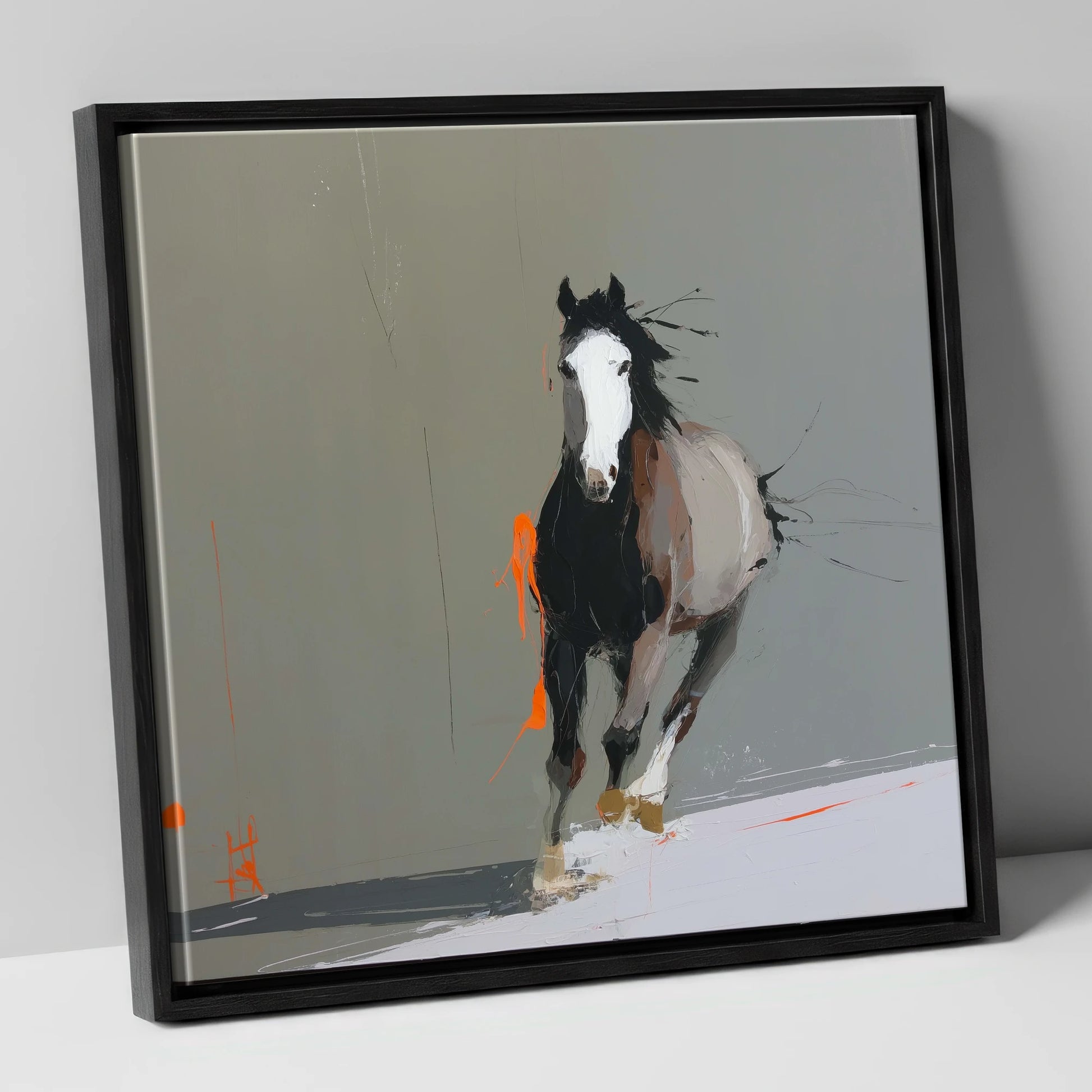 Striking Forward Impulse horse portrait canvas wall art in black frame