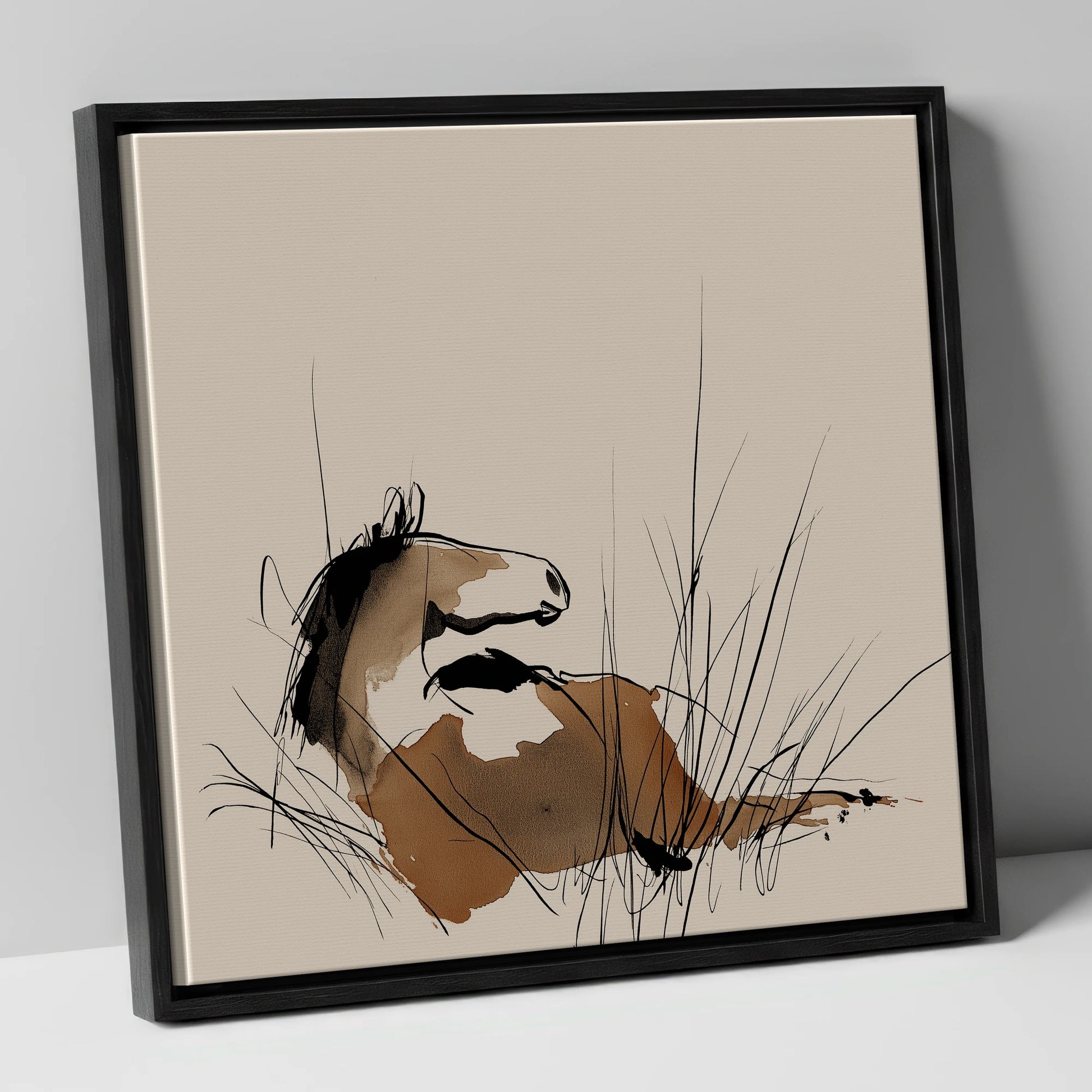 Alert in the Grass horse portrait canvas wall art in black frame