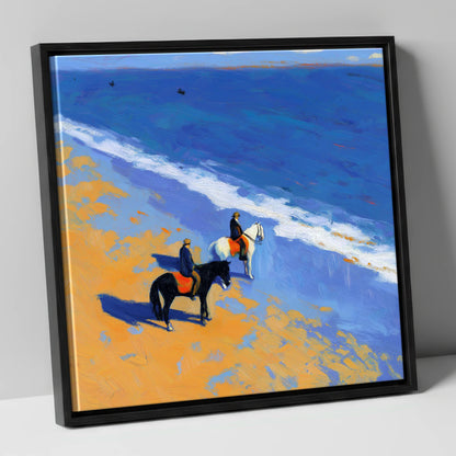 Sunlit Coastal Hack horse landscape canvas wall art in black frame