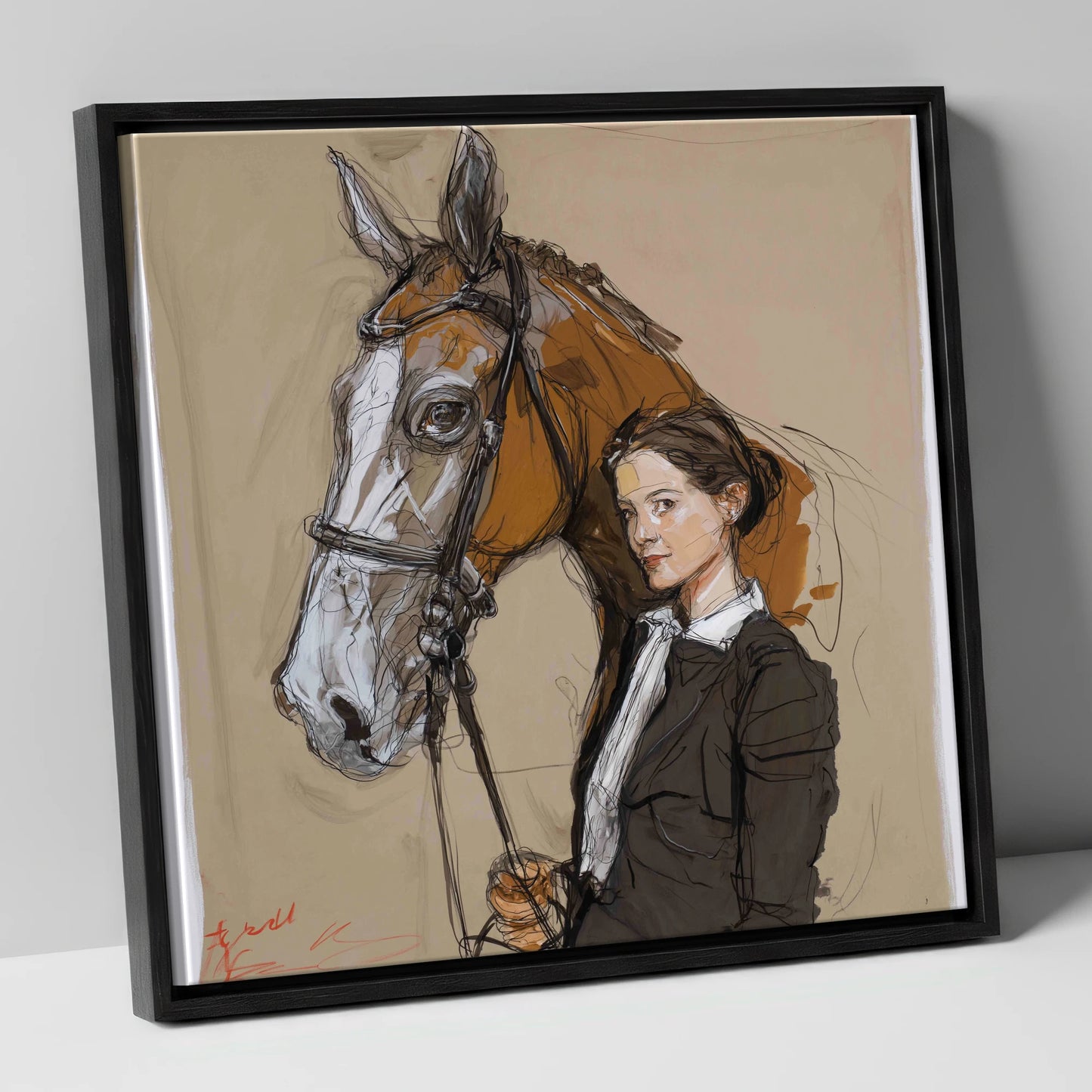 The Rider's Bond horse & rider canvas wall art in black frame