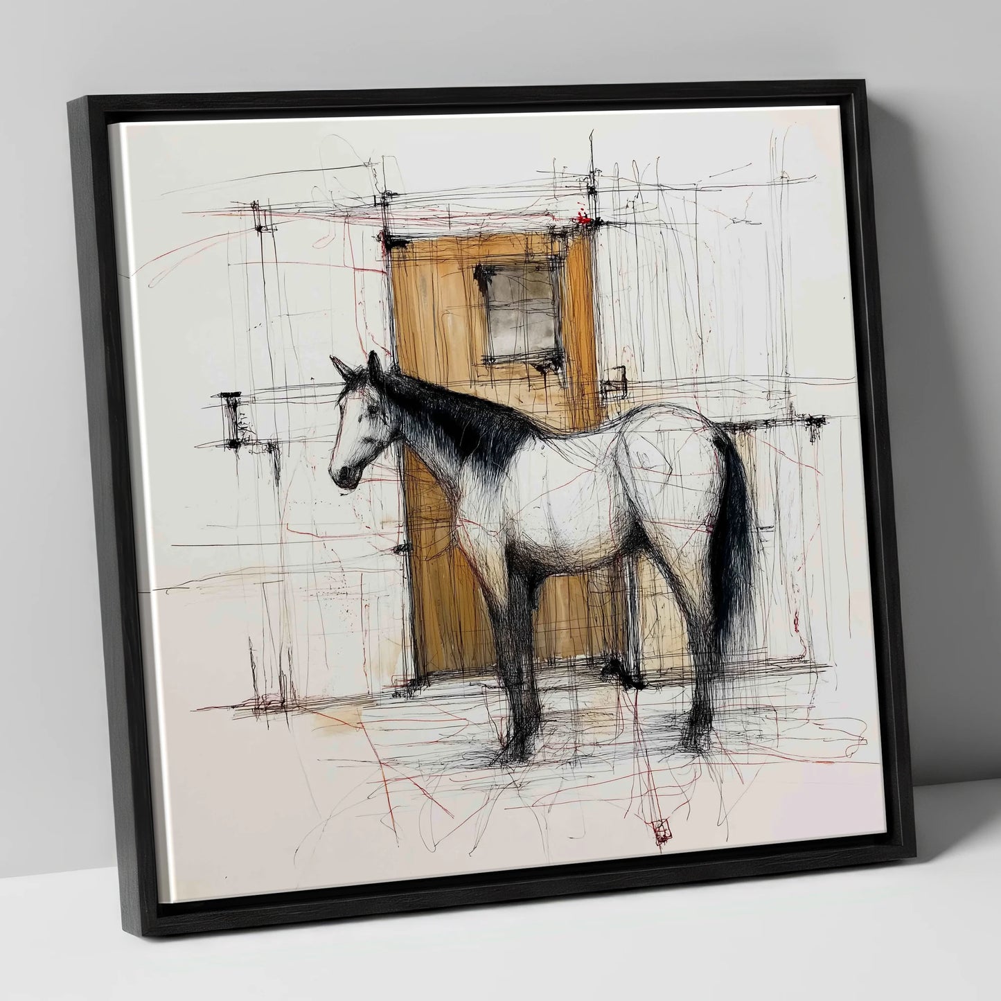 Waiting At The Stable Door horse stable canvas wall art in black frame