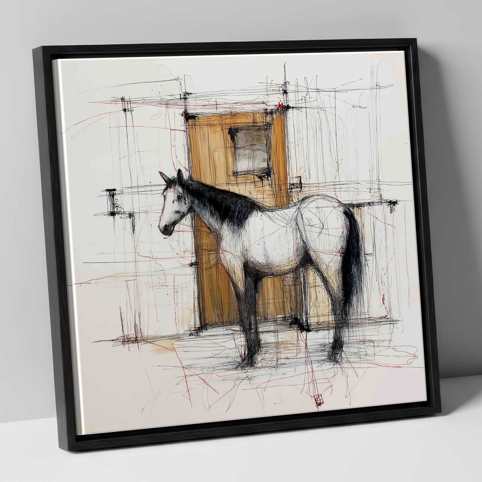Waiting At The Stable Door horse stable canvas wall art in black frame