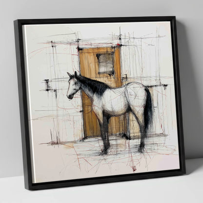 Waiting At The Stable Door horse stable canvas wall art in black frame