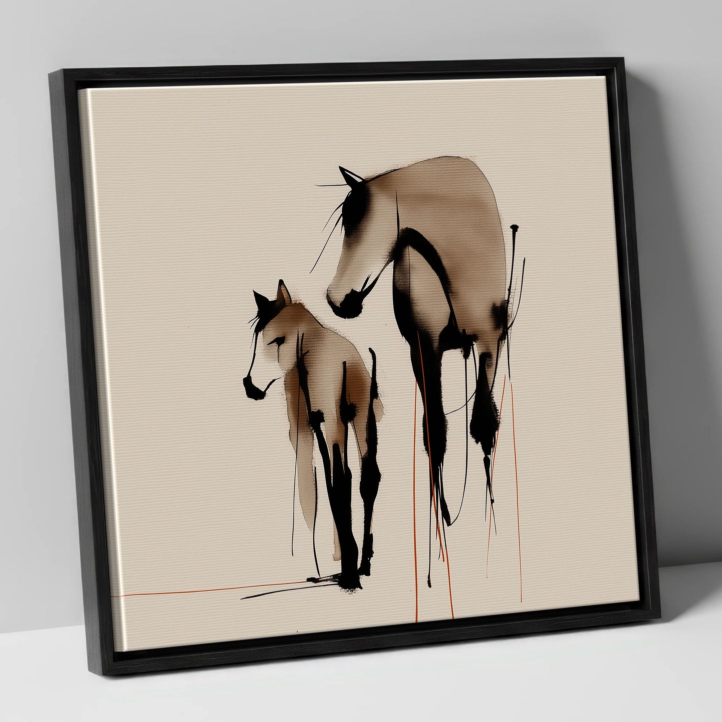 Quiet Devotion mare & foal canvas wall art in black frame
