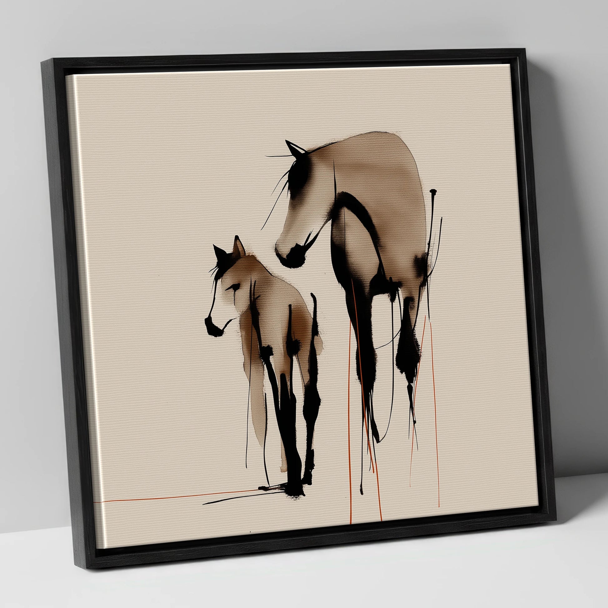 Quiet Devotion mare & foal canvas wall art in black frame
